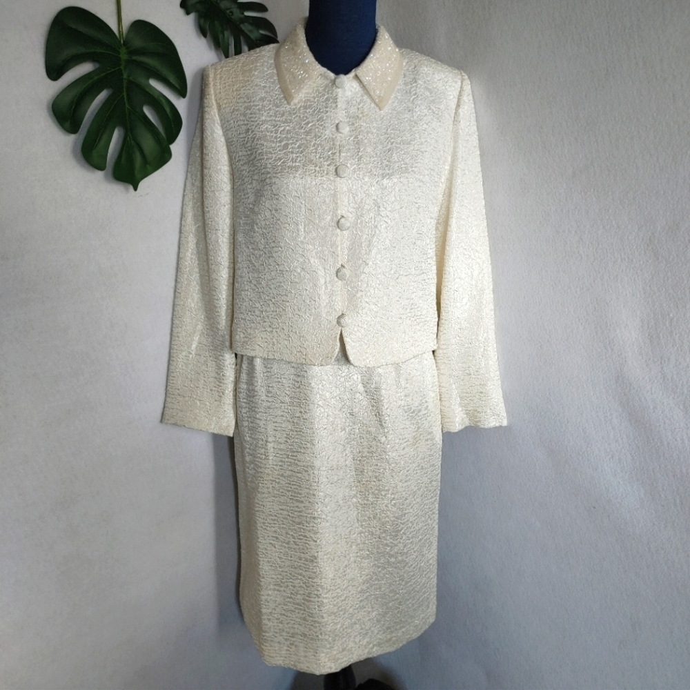 Vintage Ursula of Switzerland Ivory Sequin Collar Skirt Suit Set